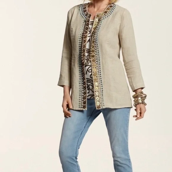 Chico's NWOT Duster Embellished Coin 3/4 Sleeve Tan Blazer Top Size 0 Small - Picture 3 of 10
